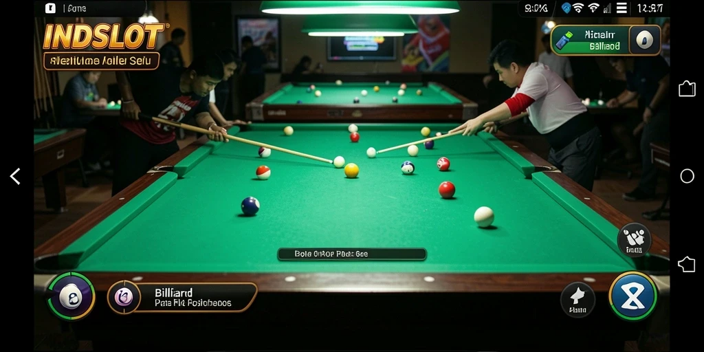 Tampilan antarmuka INDSLOT dengan meja billiard yang realistis.