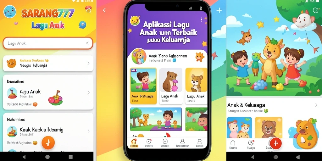 Tampilan antarmuka pengguna SARANG777 dengan lagu-lagu anak yang ceria.