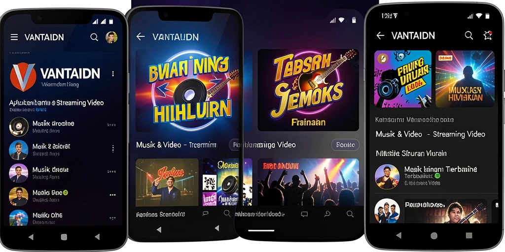 Antarmuka VANTAIDN menampilkan berbagai kategori musik dan video.